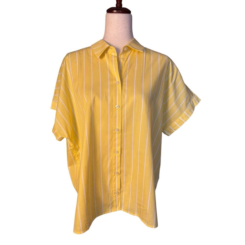 CHICO'S Women Cotton Blend Boxy Camp Shirt Yellow Stripe Size 2, L NEW
